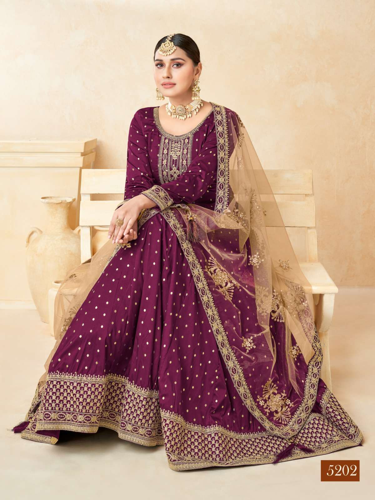 DESIGNER FANCY PARTY WEAR MAGENTA COLOR LONG ANARKALI SALWAR SUIT IN TAFFETA SILK ANY 5202
