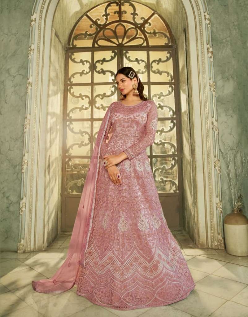 DESIGNER FANCY PARTY WEAR PINK LONG ANARKALI GOWN STYLE PREMIUM NET SALWAR SUIT SM SWAGAT 5607