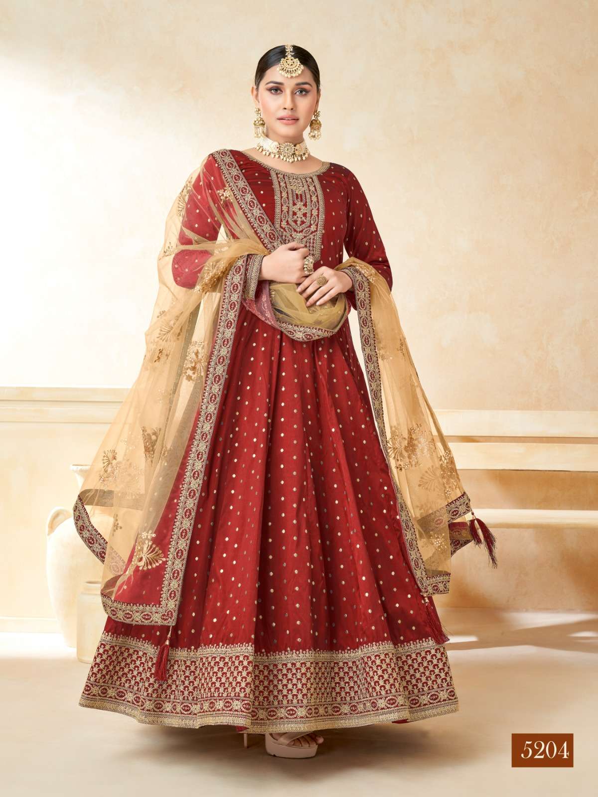 DESIGNER FANCY PARTY WEAR RED LONG ANARKALI SALWAR SUIT IN TAFFETA SILK ANY 5204