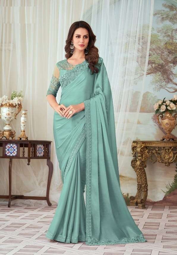 DESIGNER FANCY SKY BLUE WEDDING PARTY WEAR DESIGNER GEORGETTE SILK FABRIC SAREE TFH 27003D