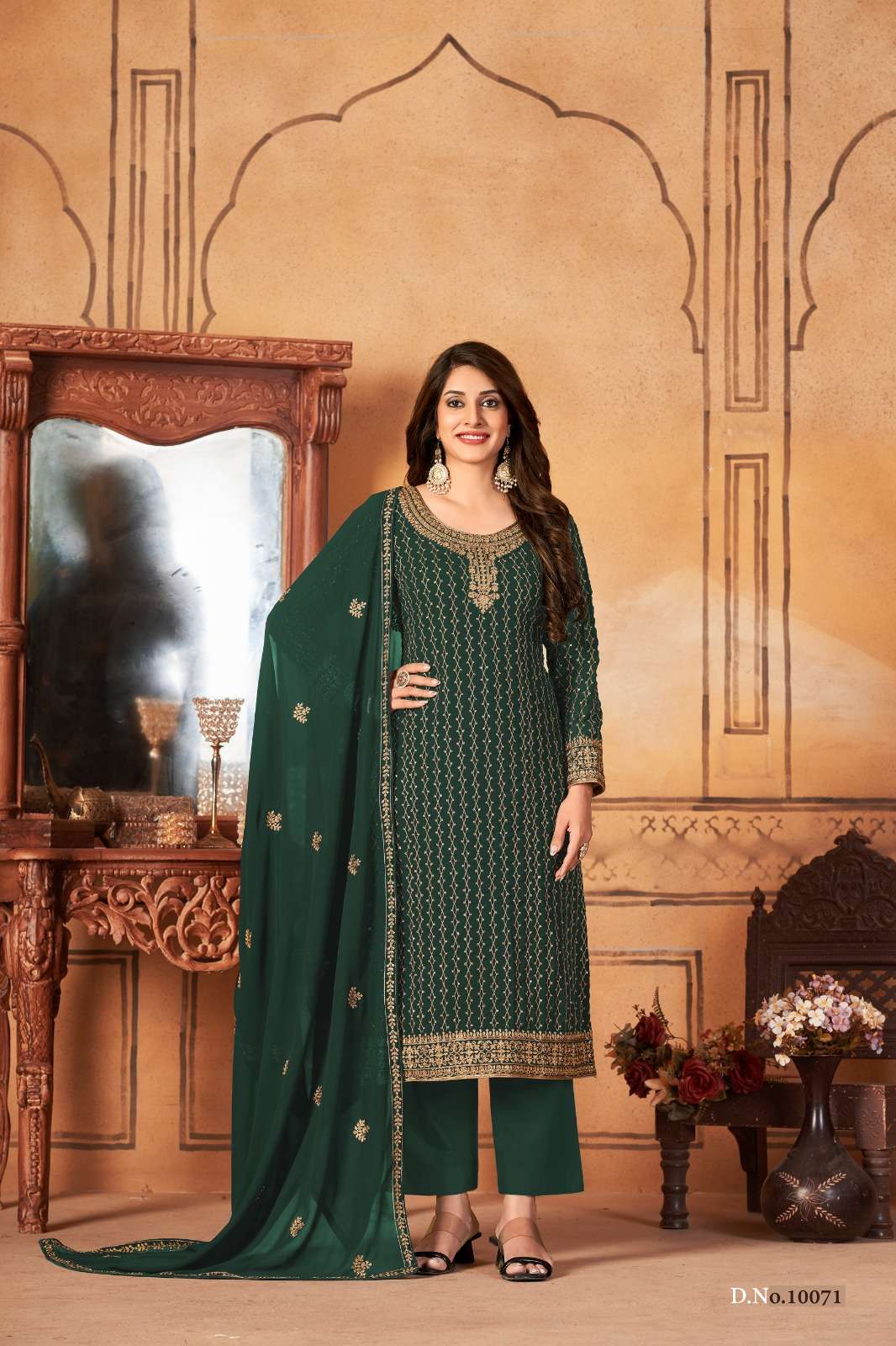 DESIGNER FANCY STRAIGHT GREEN SALWAR SUIT FOR WEDDING PARTY WEAR IN FAUX GEORGETTE FABRIC ANJUBAA 10071