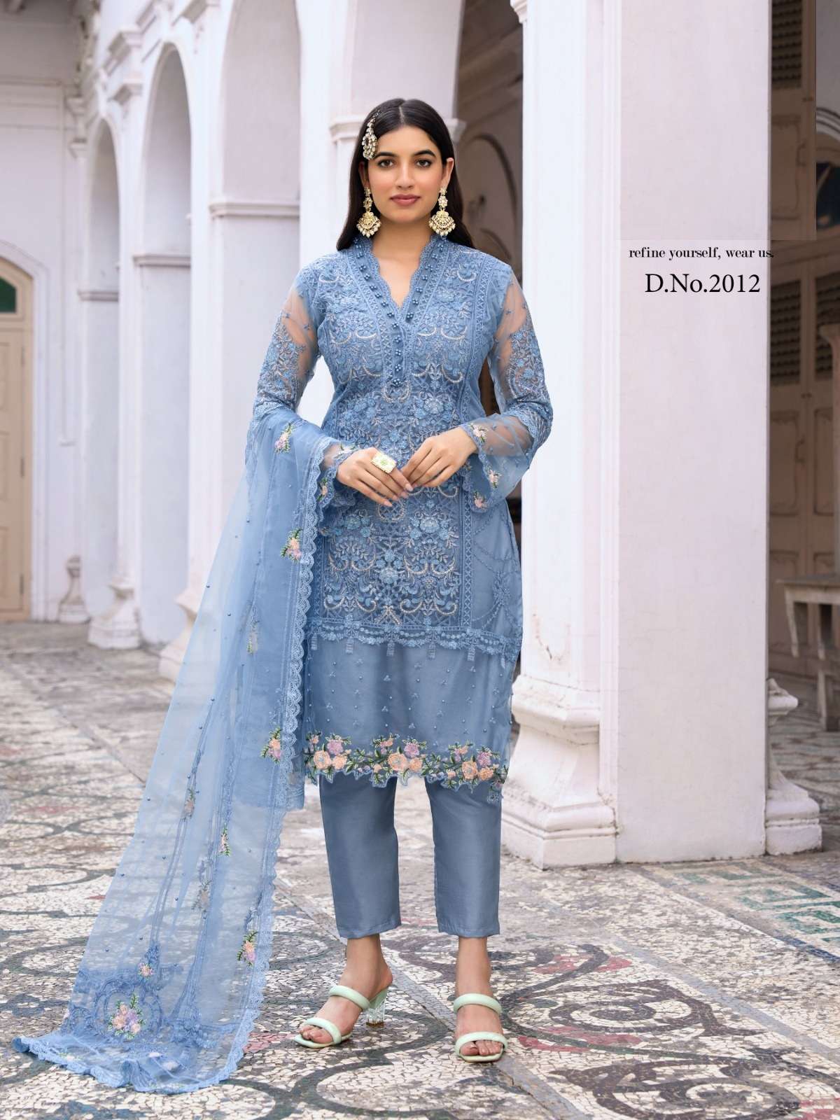 DESIGNER FANCY WEDDING PARTY FESTIVAL WEAR BLUE BUTTERFLY NET SALWAR SUIT SABAH SM 2012