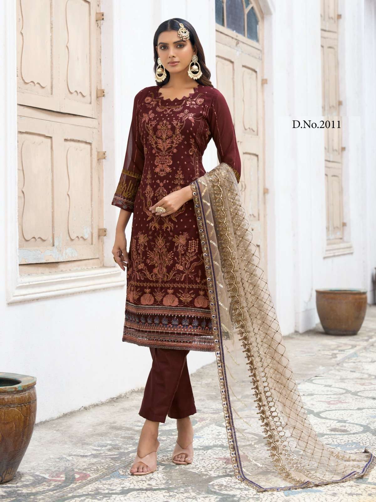 DESIGNER FANCY WEDDING PARTY FESTIVAL WEAR BROWN BUTTERFLY NET SALWAR SUIT SABAH SM 2011