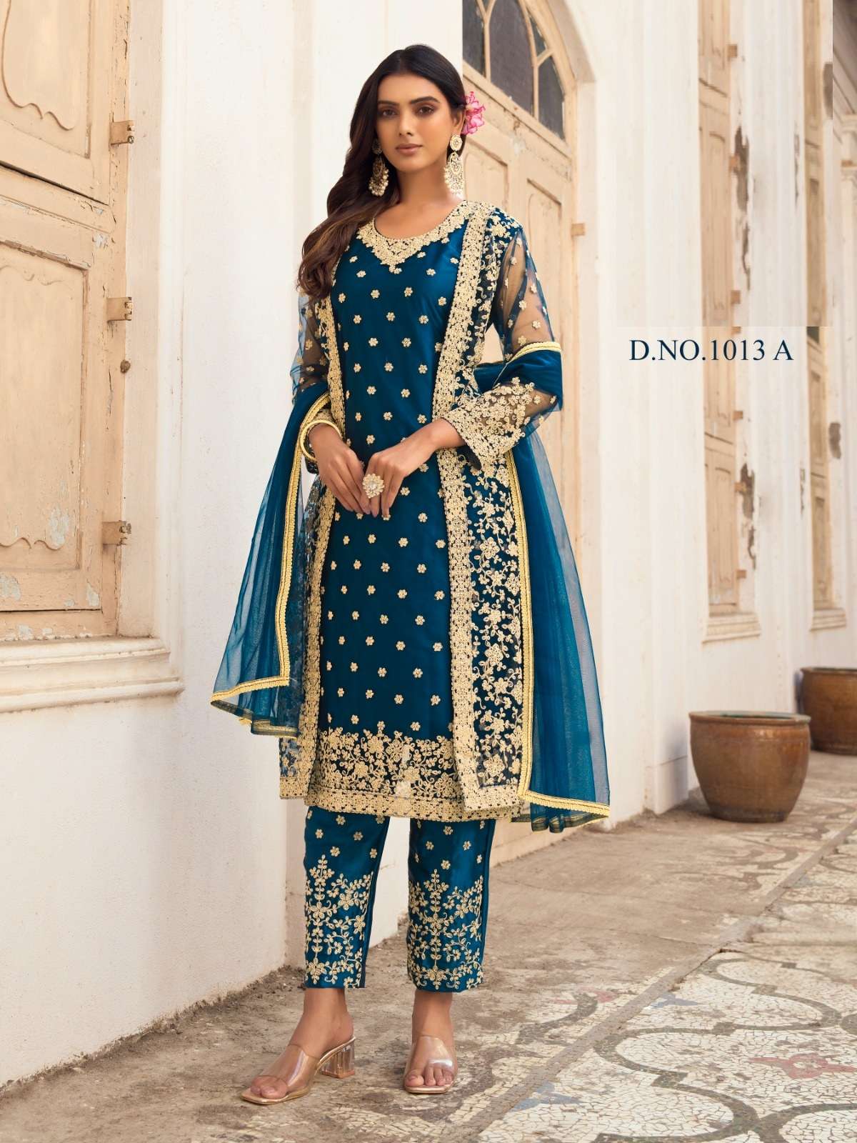 DESIGNER FANCY WEDDING PARTY FESTIVAL WEAR BUTTERFLY NET RAMA BLUE KOTI SALWAR SUIT SABAH SM 1013A