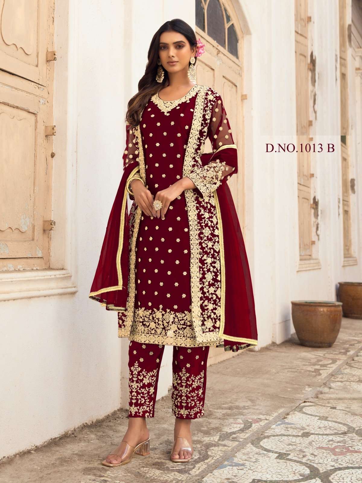 DESIGNER FANCY WEDDING PARTY FESTIVAL WEAR BUTTERFLY NET RED KOTI SALWAR SUIT SABAH SM 1013B