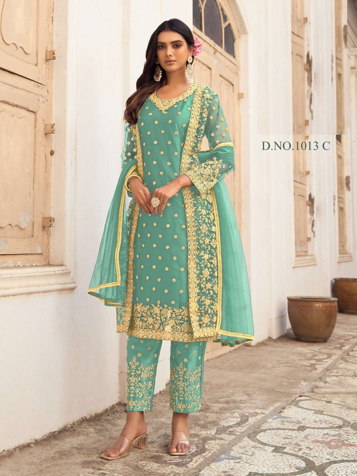 DESIGNER FANCY WEDDING PARTY FESTIVAL WEAR BUTTERFLY NET PISTA KOTI SALWAR SUIT SABAH SM 1013C