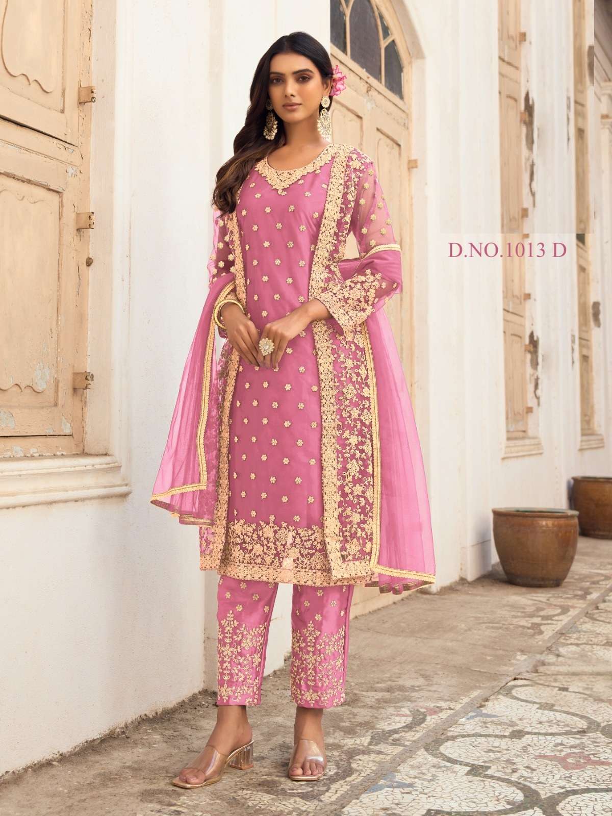 DESIGNER FANCY WEDDING PARTY FESTIVAL WEAR BUTTERFLY NET PINK KOTI SALWAR SUIT SABAH SM 1013D