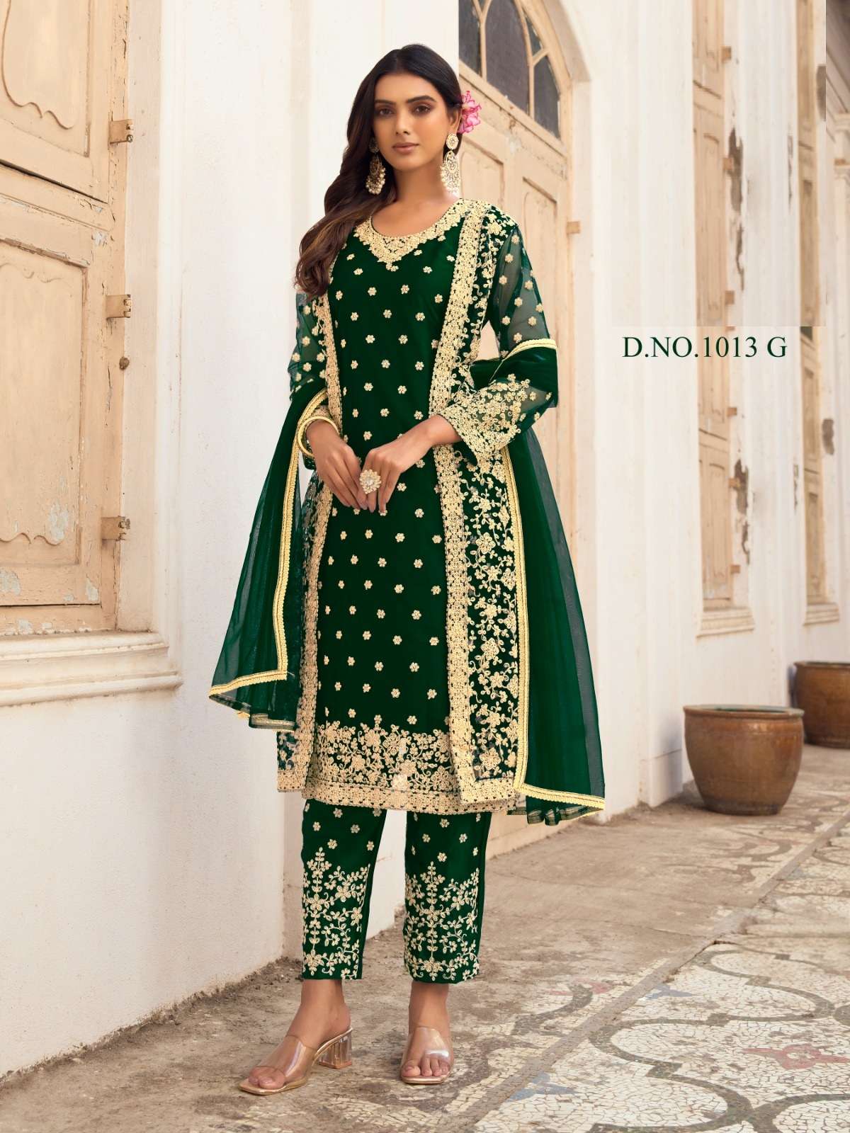 DESIGNER FANCY WEDDING PARTY FESTIVAL WEAR BUTTERFLY NET GREEN KOTI SALWAR SUIT SABAH SM 1013G