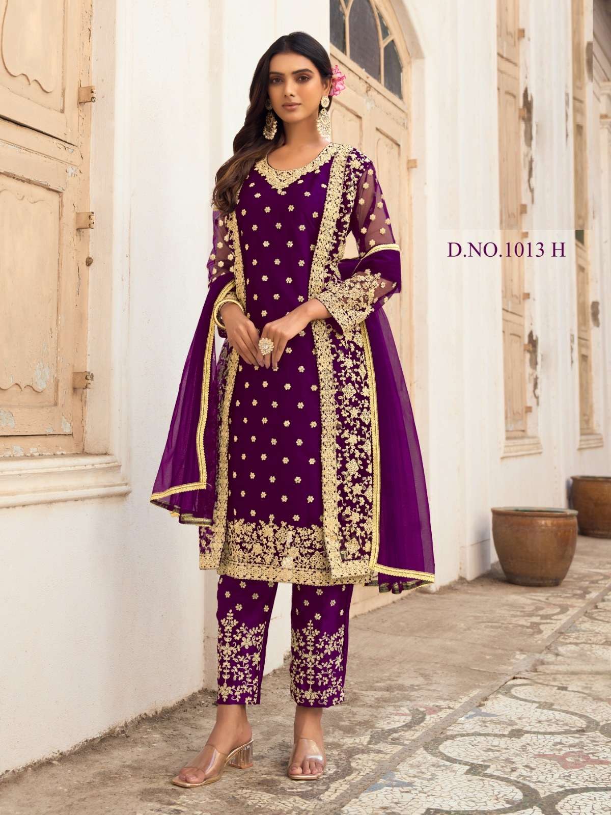 DESIGNER FANCY WEDDING PARTY FESTIVAL WEAR BUTTERFLY NET PURPLE KOTI SALWAR SUIT SABAH SM 1013H