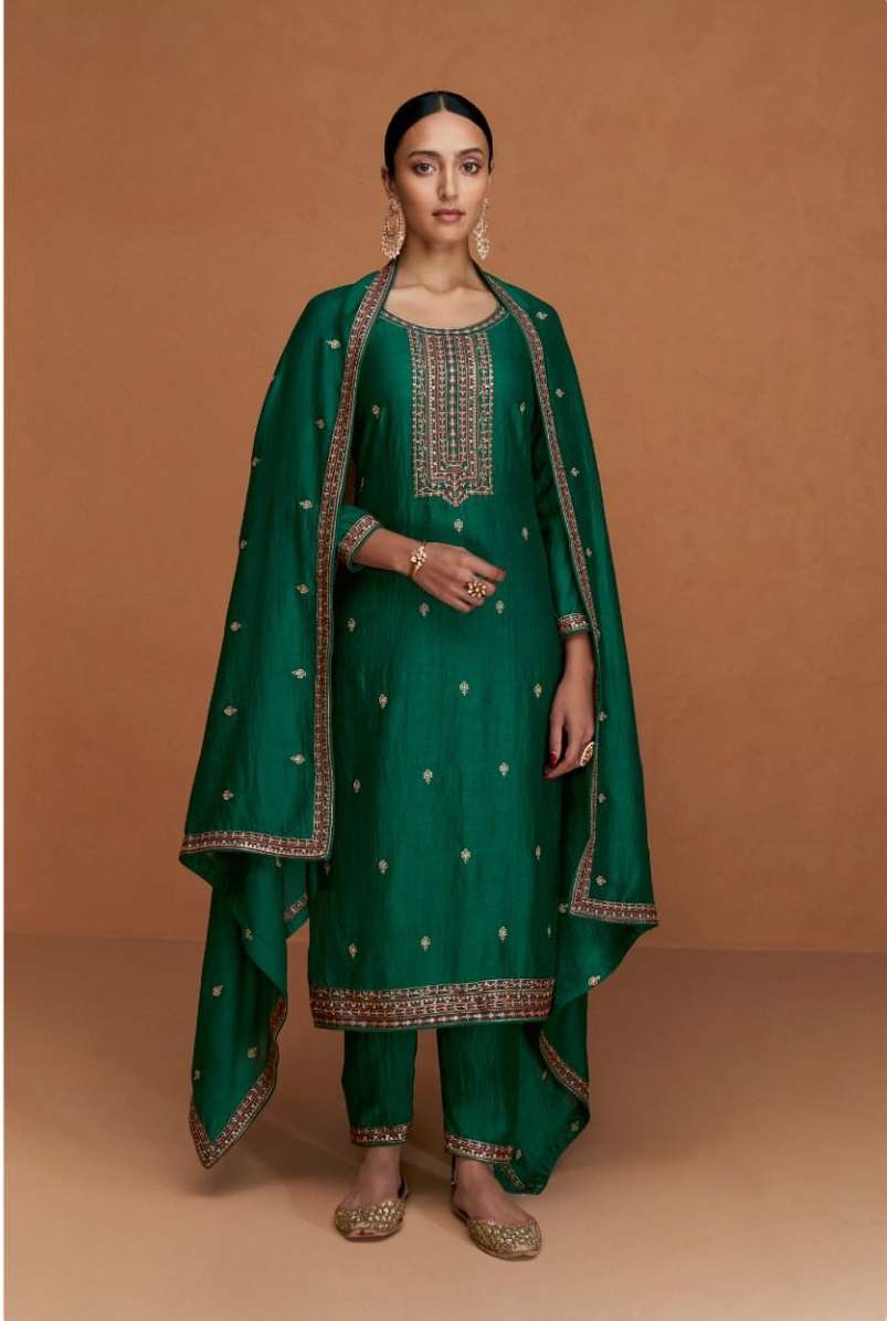 DESIGNER FANCY WEDDING PARTY FESTIVAL WEAR GREEN SILK STARIGHT SALWAR SUIT AF ODHANI 9552