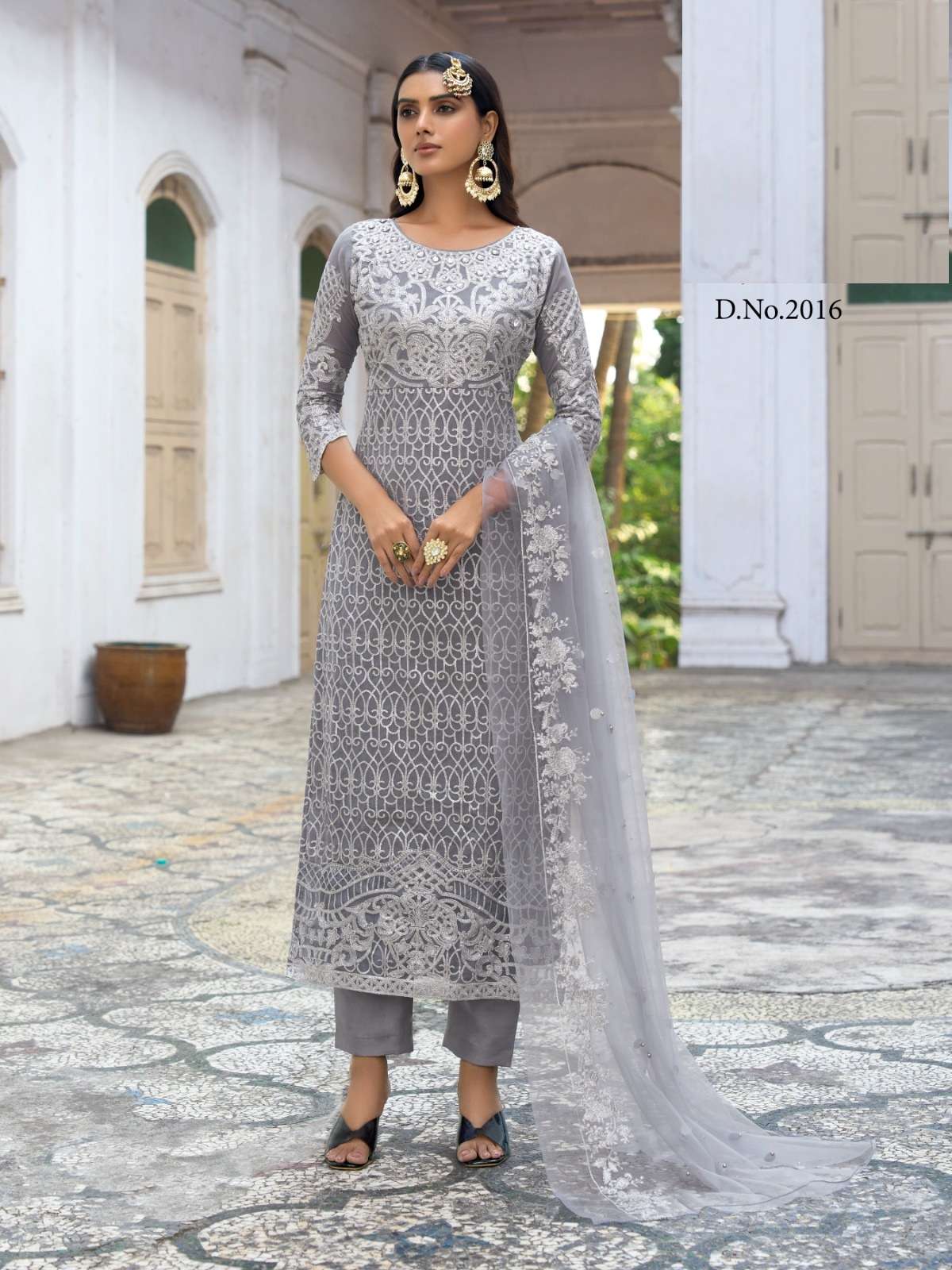 DESIGNER FANCY WEDDING PARTY FESTIVAL WEAR GREY BUTTERFLY NET SALWAR SUIT SABAH SM 2016