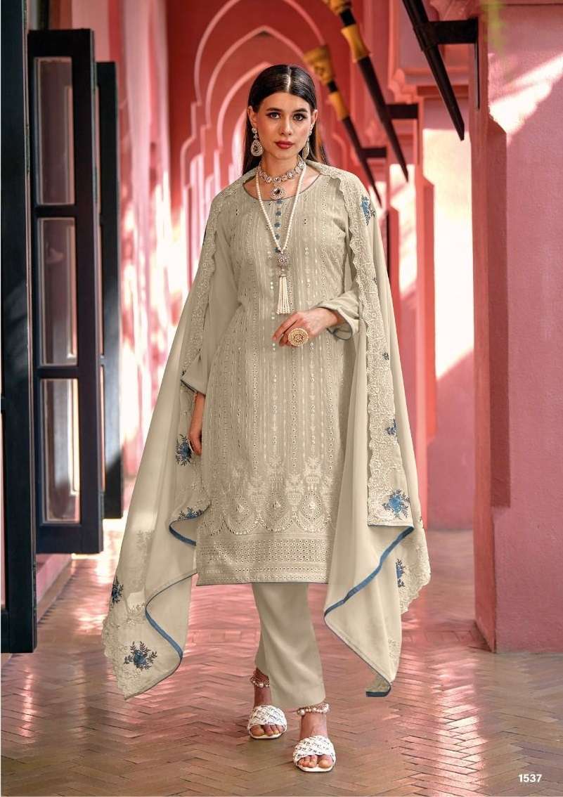 DESIGNER FANCY WEDDING PARTY FESTIVAL WEAR GREY CHINON SILK STARIGHT SALWAR SUIT EBA SISI 1537