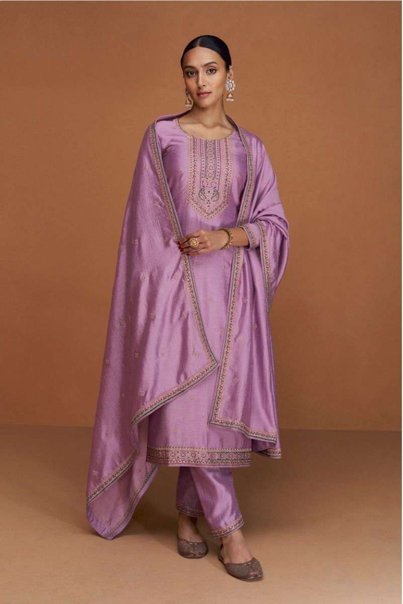 DESIGNER FANCY WEDDING PARTY FESTIVAL WEAR LAVENDER SILK STARIGHT SALWAR SUIT AF ODHANI 9549