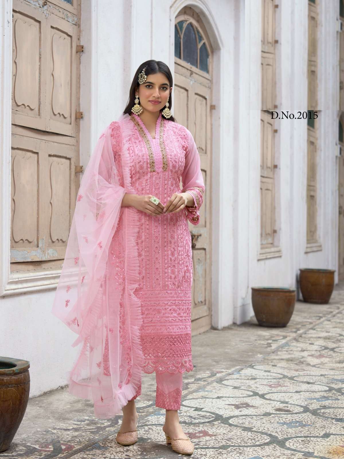 DESIGNER FANCY WEDDING PARTY FESTIVAL WEAR LIGHT PINK BUTTERFLY NET SALWAR SUIT SABAH SM 2015