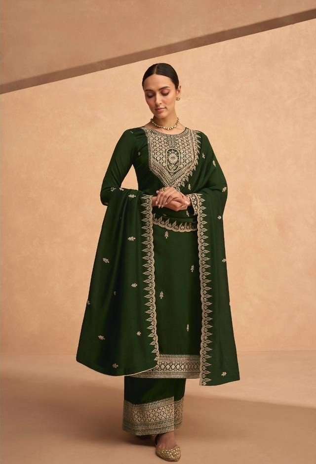 DESIGNER FANCY WEDDING PARTY FESTIVAL WEAR MEHENDI GREEN SILK STARIGHT SALWAR SUIT AF ODHANI 9491