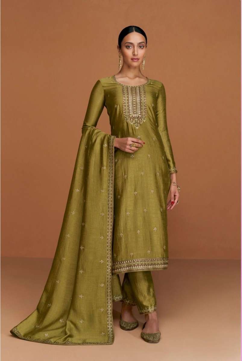 DESIGNER FANCY WEDDING PARTY FESTIVAL WEAR MEHENDI GREEN SILK STARIGHT SALWAR SUIT AF ODHANI 9550