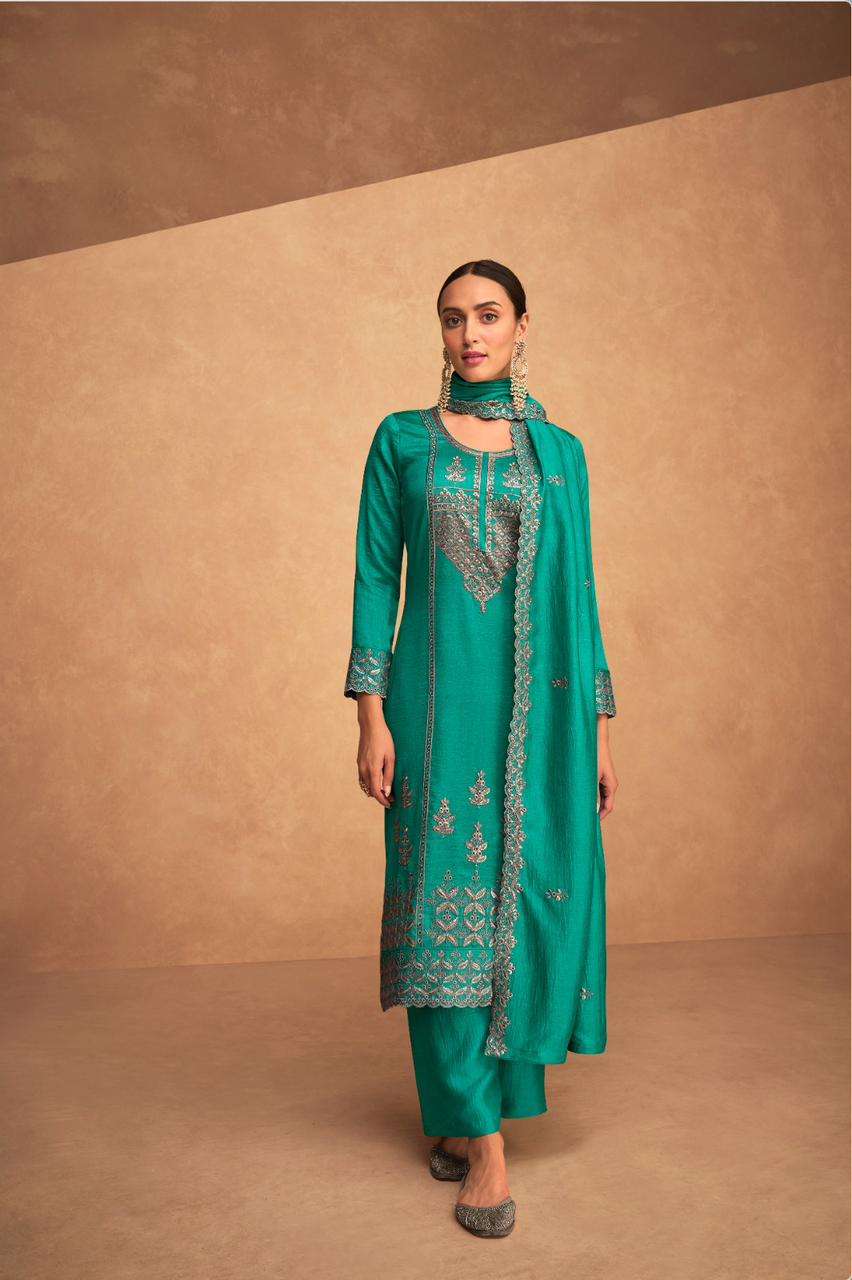 DESIGNER FANCY WEDDING PARTY FESTIVAL WEAR PREMIUM RAMA GREEN SILK STARIGHT SALWAR SUIT AF KASHIDA 9504