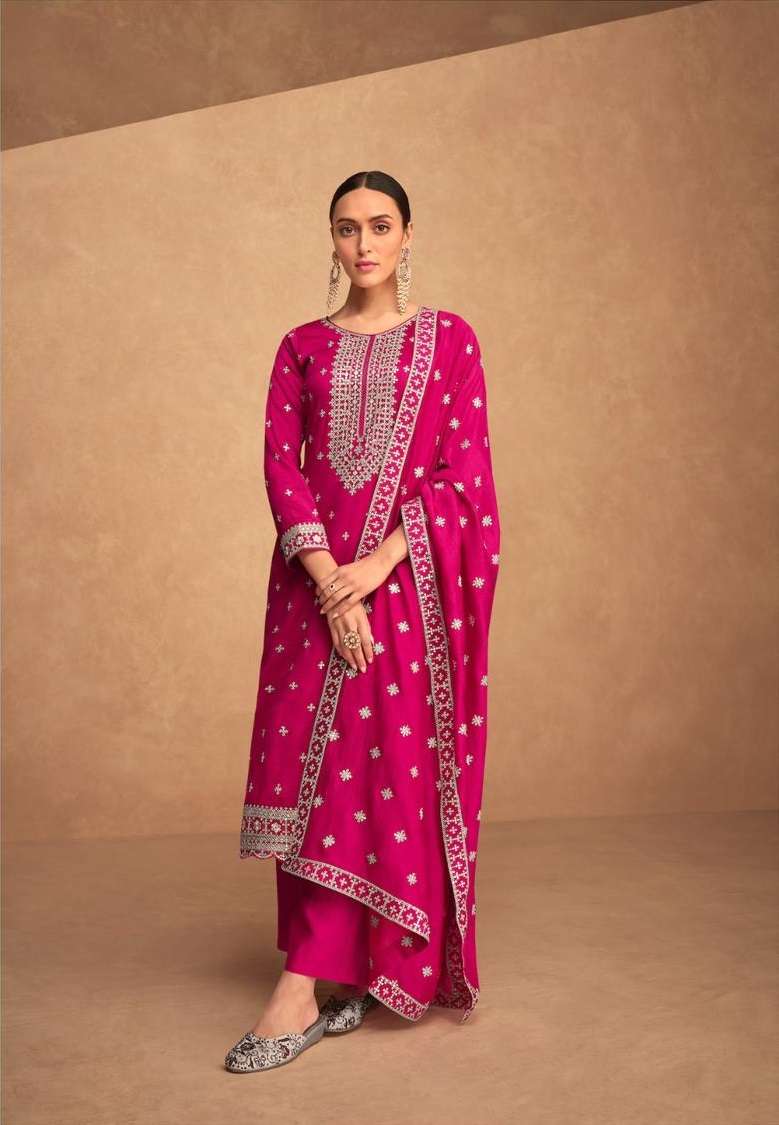 DESIGNER FANCY WEDDING PARTY FESTIVAL WEAR PREMIUM RANI PINK SILK STARIGHT SALWAR SUIT AF KASHIDA 9505