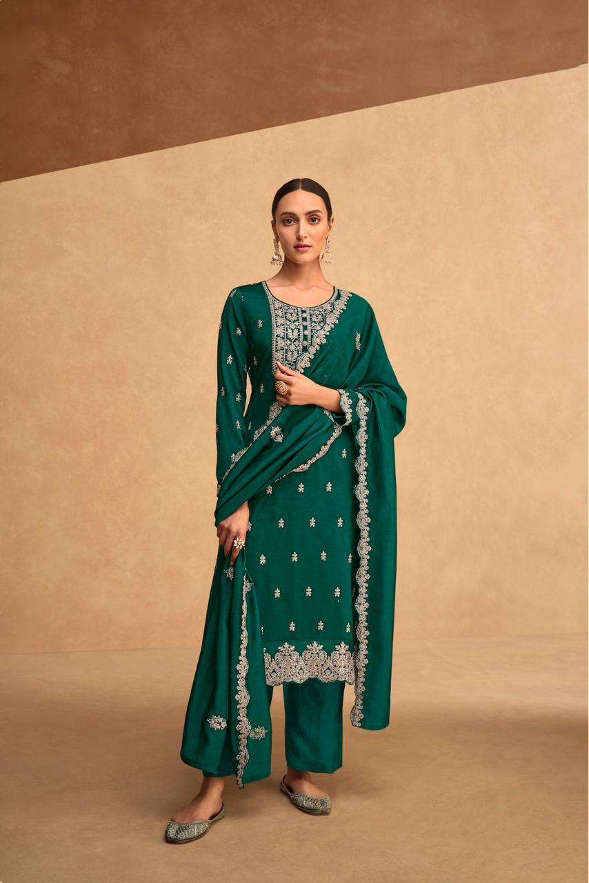 DESIGNER FANCY WEDDING PARTY FESTIVAL WEAR PREMIUM GREEN SILK STARIGHT SALWAR SUIT AF KASHIDA 9506