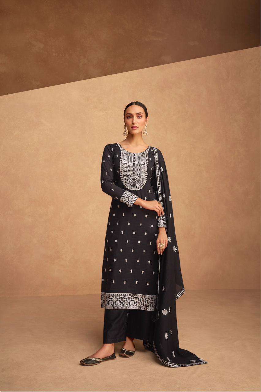 DESIGNER FANCY WEDDING PARTY FESTIVAL WEAR PREMIUM BLACK SILK STARIGHT SALWAR SUIT AF KASHIDA 9507