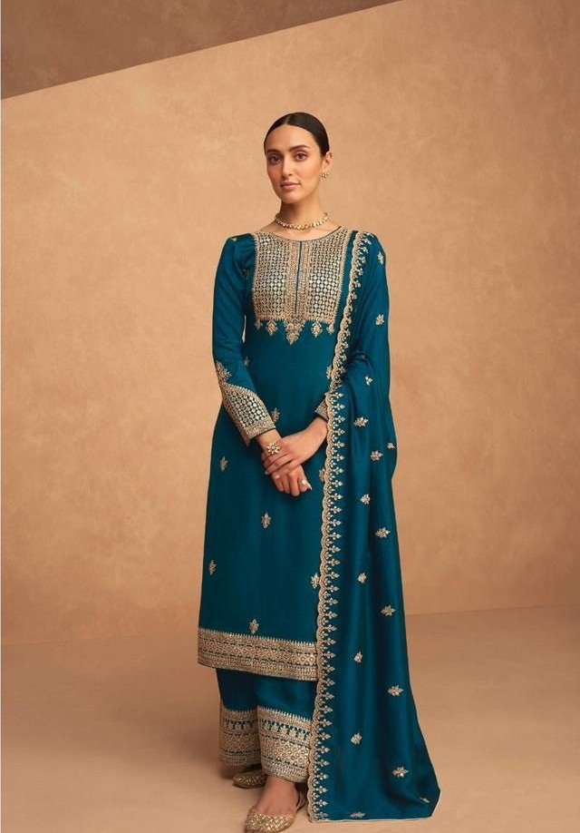 DESIGNER FANCY WEDDING PARTY FESTIVAL WEAR RAMA BLUE SILK STARIGHT SALWAR SUIT AF ODHANI 9490