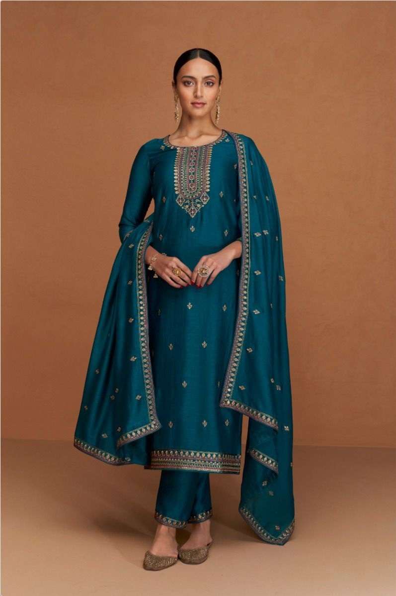 DESIGNER FANCY WEDDING PARTY FESTIVAL WEAR RAMA BLUE SILK STARIGHT SALWAR SUIT AF ODHANI 9548