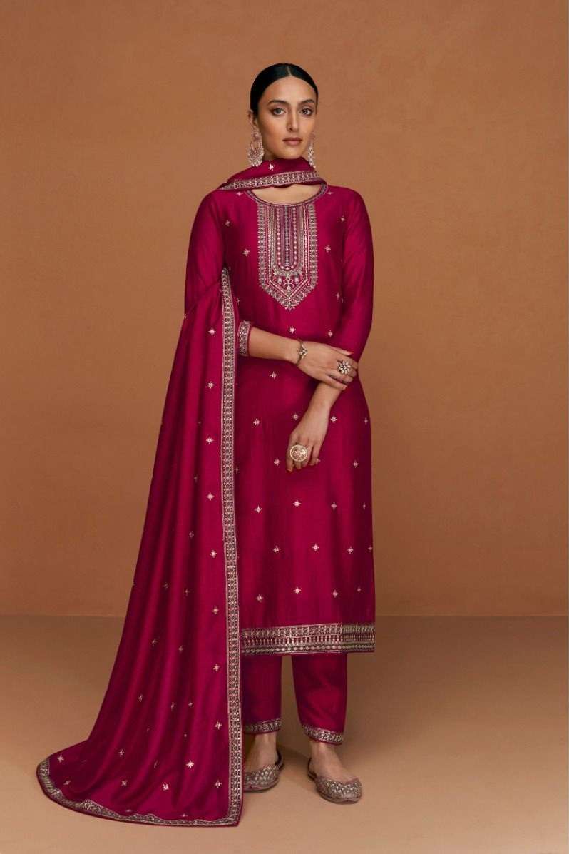 DESIGNER FANCY WEDDING PARTY FESTIVAL WEAR RANI SILK STARIGHT SALWAR SUIT AF ODHANI 9551