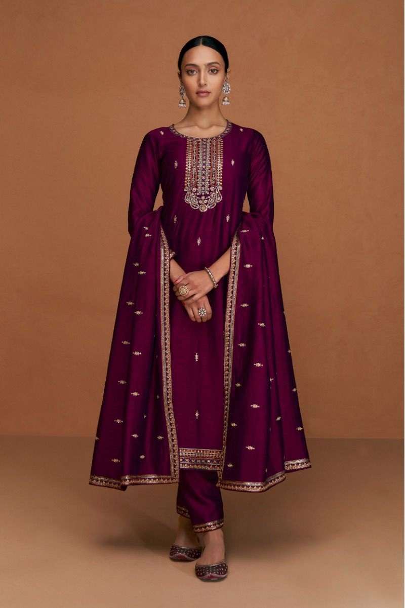 DESIGNER FANCY WEDDING PARTY FESTIVAL WEAR WINE SILK STARIGHT SALWAR SUIT AF ODHANI 9553