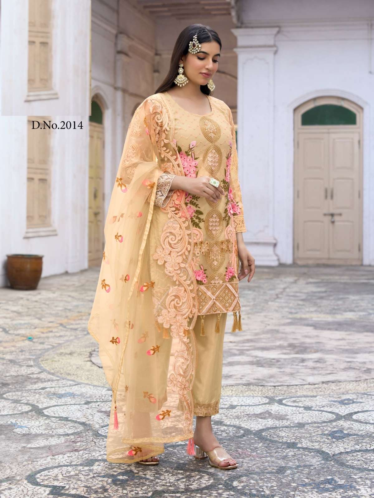 DESIGNER FANCY WEDDING PARTY FESTIVAL WEAR YELLOW BUTTERFLY NET SALWAR SUIT SABAH SM 2014