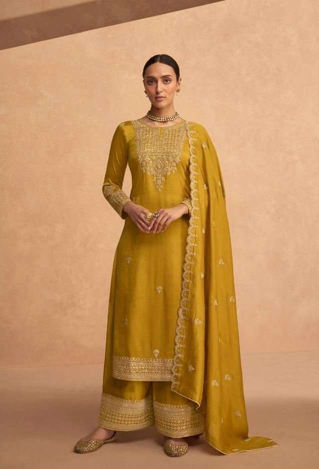 DESIGNER FANCY WEDDING PARTY FESTIVAL WEAR YELLOW SILK STARIGHT SALWAR SUIT AF ODHANI 9493