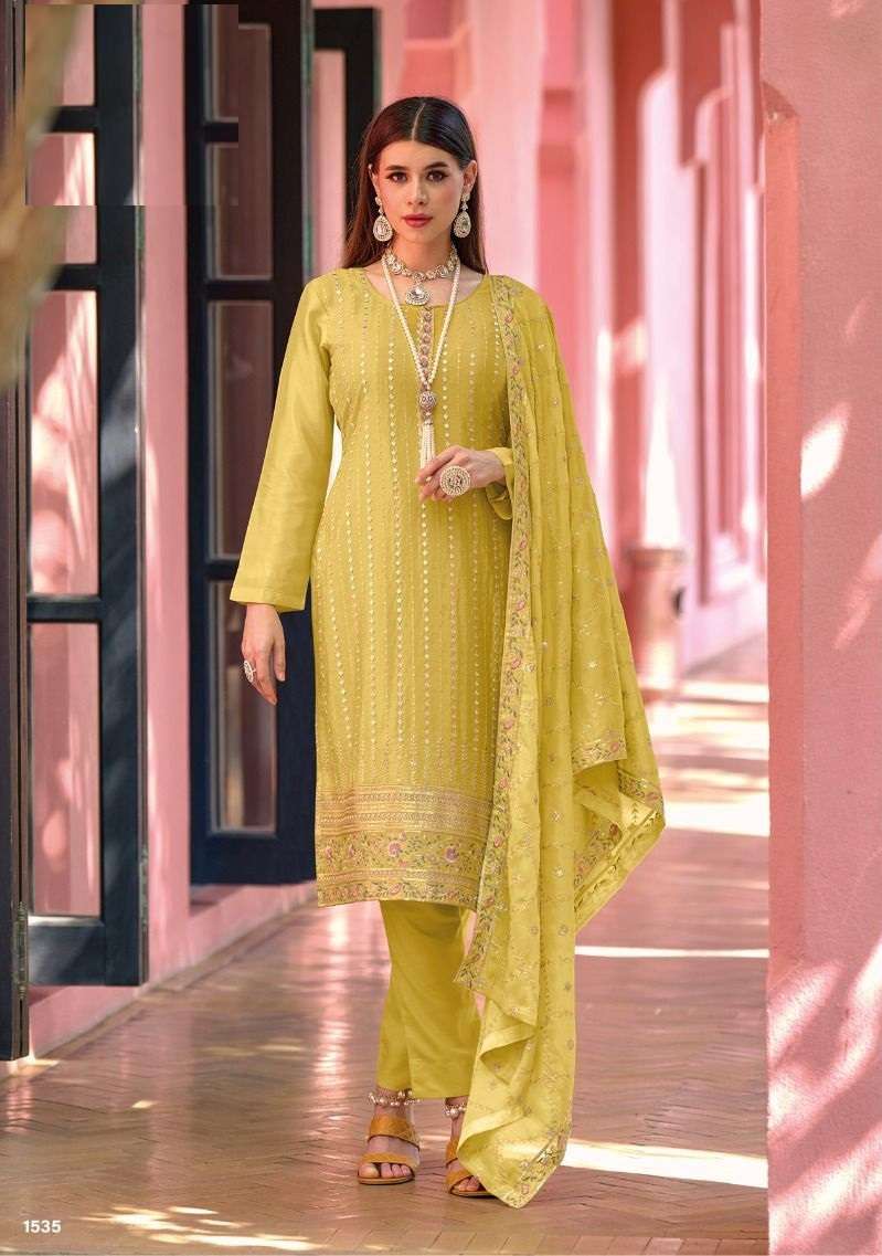 DESIGNER FANCY WEDDING PARTY FESTIVAL WEAR YELLOW CHINON SILK STARIGHT SALWAR SUIT EBA SISI 1535