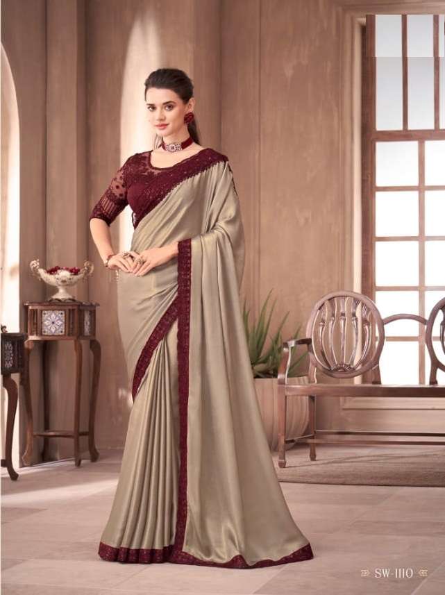 DESIGNER FANCY WEDDING PARTY WEAR DESIGNER BEIGE SILK SAREE SM TFH 1110