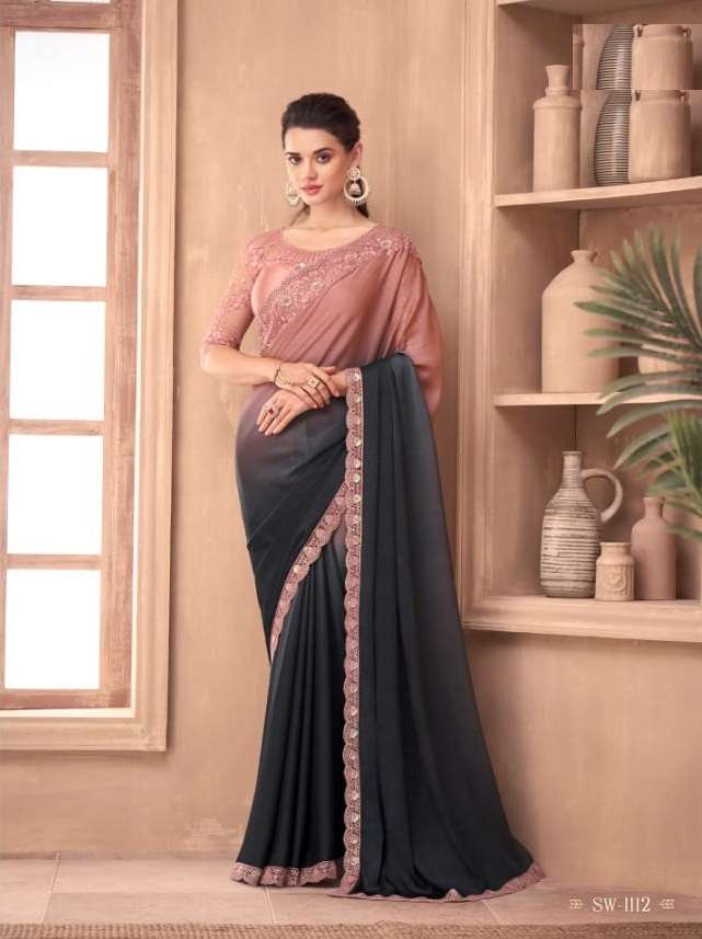 DESIGNER FANCY WEDDING PARTY WEAR DESIGNER BLACK PINK SILK SAREE SM TFH 1112