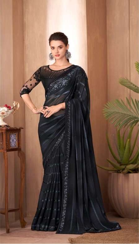 DESIGNER FANCY WEDDING PARTY WEAR DESIGNER BLACK SILK SAREE SM TFH 1108