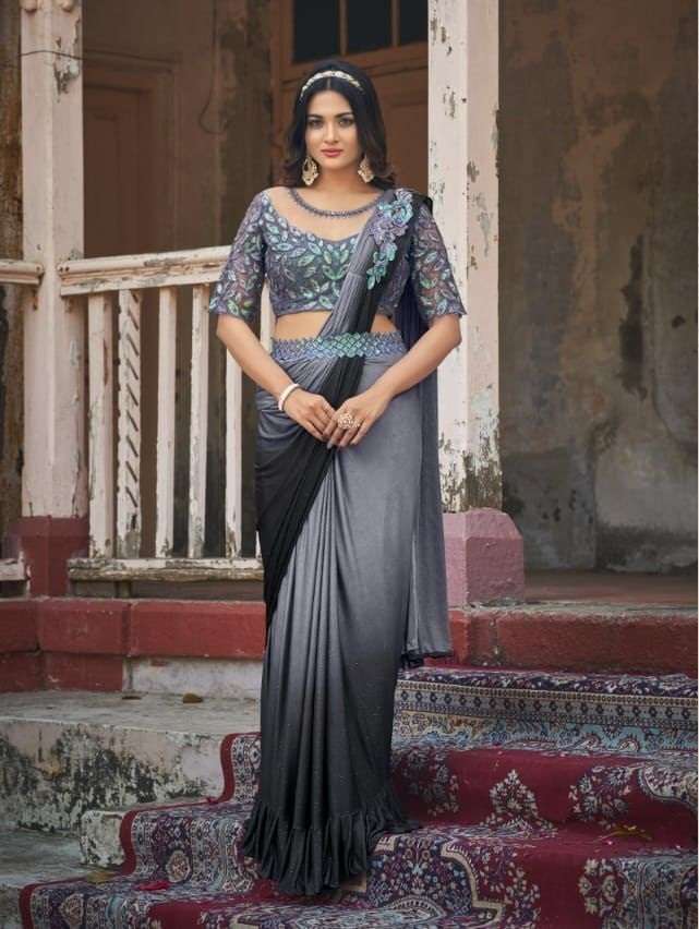 DESIGNER FANCY WEDDING PARTY WEAR DESIGNER FANCY GREY SILK SAREE SM TFH SUPER STAR 7322