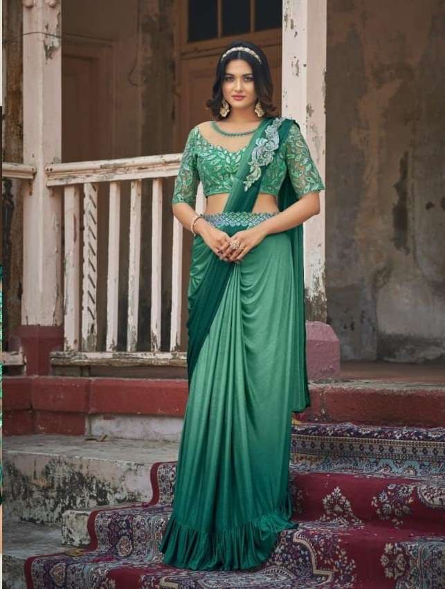 DESIGNER FANCY WEDDING PARTY WEAR DESIGNER FANCY GREEN SILK SAREE SM TFH SUPER STAR 7323