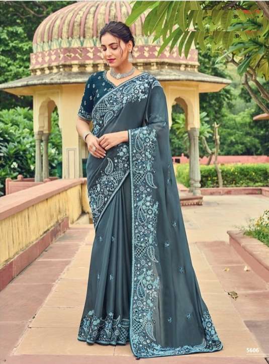 DESIGNER FANCY WEDDING PARTY WEAR DESIGNER GREY BANARASI SILK FABRIC SAREE SM TATHASTU 5606