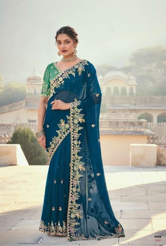 DESIGNER FANCY WEDDING PARTY WEAR DESIGNER HEAVY BLUE SILK SAREE SM TATHASTU 5906