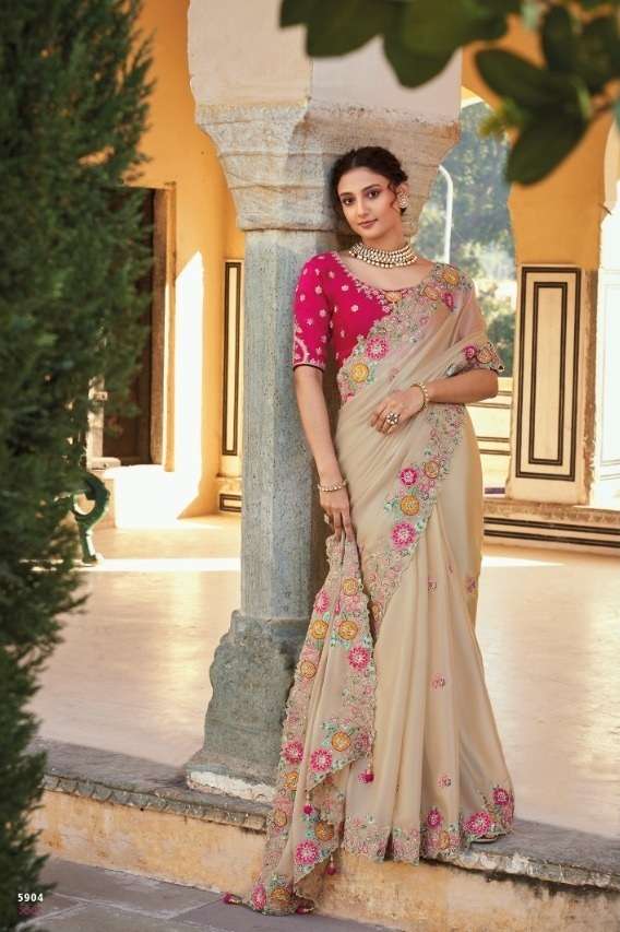 DESIGNER FANCY WEDDING PARTY WEAR DESIGNER HEAVY CHIKU SILK SAREE SM TATHASTU 5904