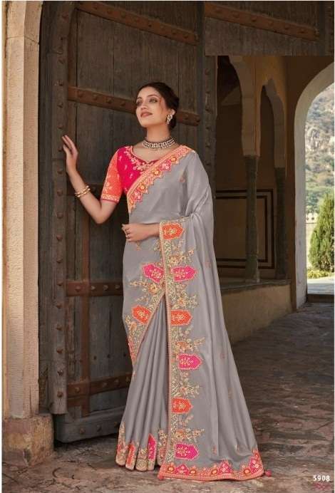 DESIGNER FANCY WEDDING PARTY WEAR DESIGNER HEAVY GREY SILK SAREE SM TATHASTU 5908