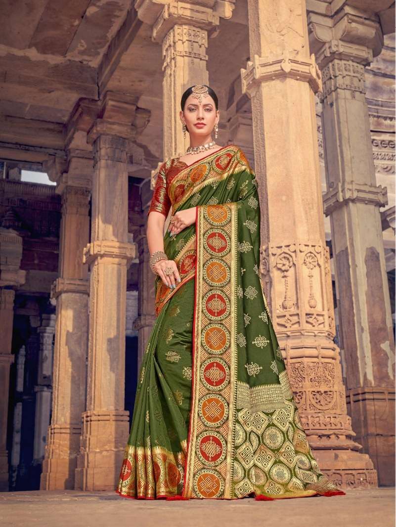 DESIGNER FANCY WEDDING PARTY WEAR DESIGNER MEHENDI GREEN BANARASI SILK FABRIC SAREE SM PRERNA 1806