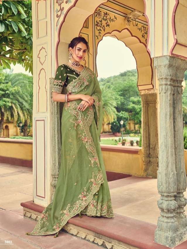 DESIGNER FANCY WEDDING PARTY WEAR DESIGNER PISTA GREEN BANARASI SILK FABRIC SAREE SM TATHASTU 5603