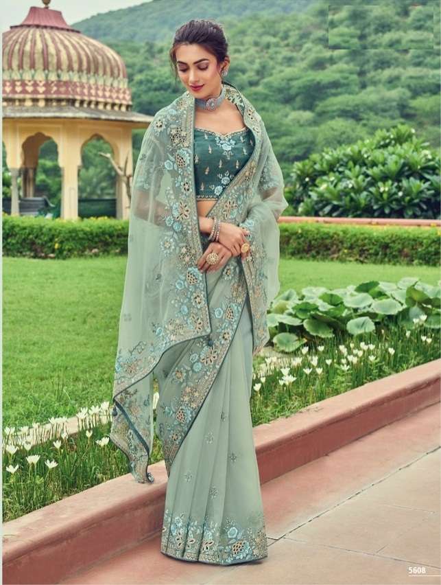 DESIGNER FANCY WEDDING PARTY WEAR DESIGNER PISTA GREEN BANARASI SILK FABRIC SAREE SM TATHASTU 5608