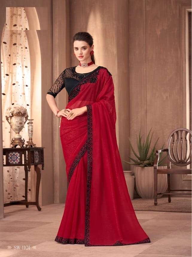 DESIGNER FANCY WEDDING PARTY WEAR DESIGNER RED SILK SAREE SM TFH 1101