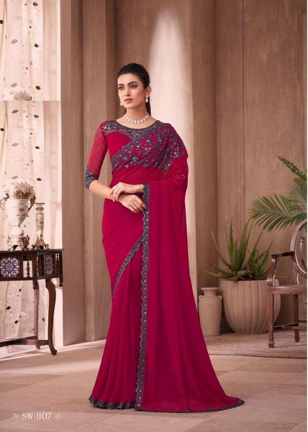 DESIGNER FANCY WEDDING PARTY WEAR DESIGNER RED SILK SAREE SM TFH 1107