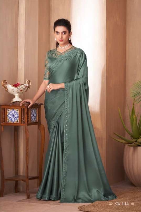 DESIGNER FANCY WEDDING PARTY WEAR DESIGNER STEEL GREEN SILK SAREE SM TFH 1114