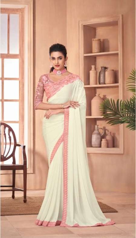 DESIGNER FANCY WEDDING PARTY WEAR DESIGNER WHITE PINK SILK SAREE SM TFH 1105