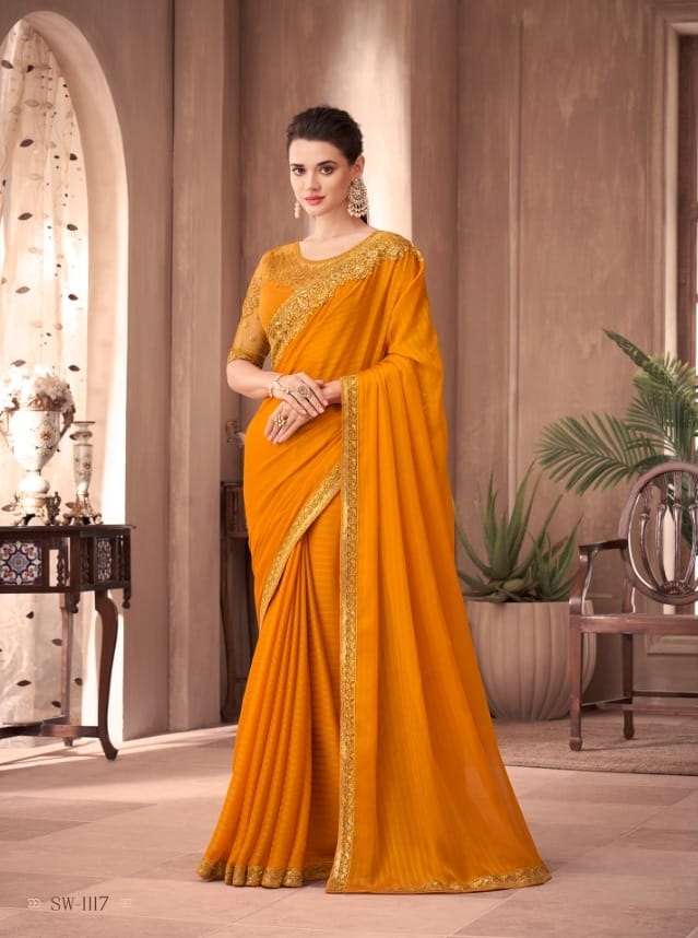 DESIGNER FANCY WEDDING PARTY WEAR DESIGNER YELLOW SILK SAREE SM TFH 1117