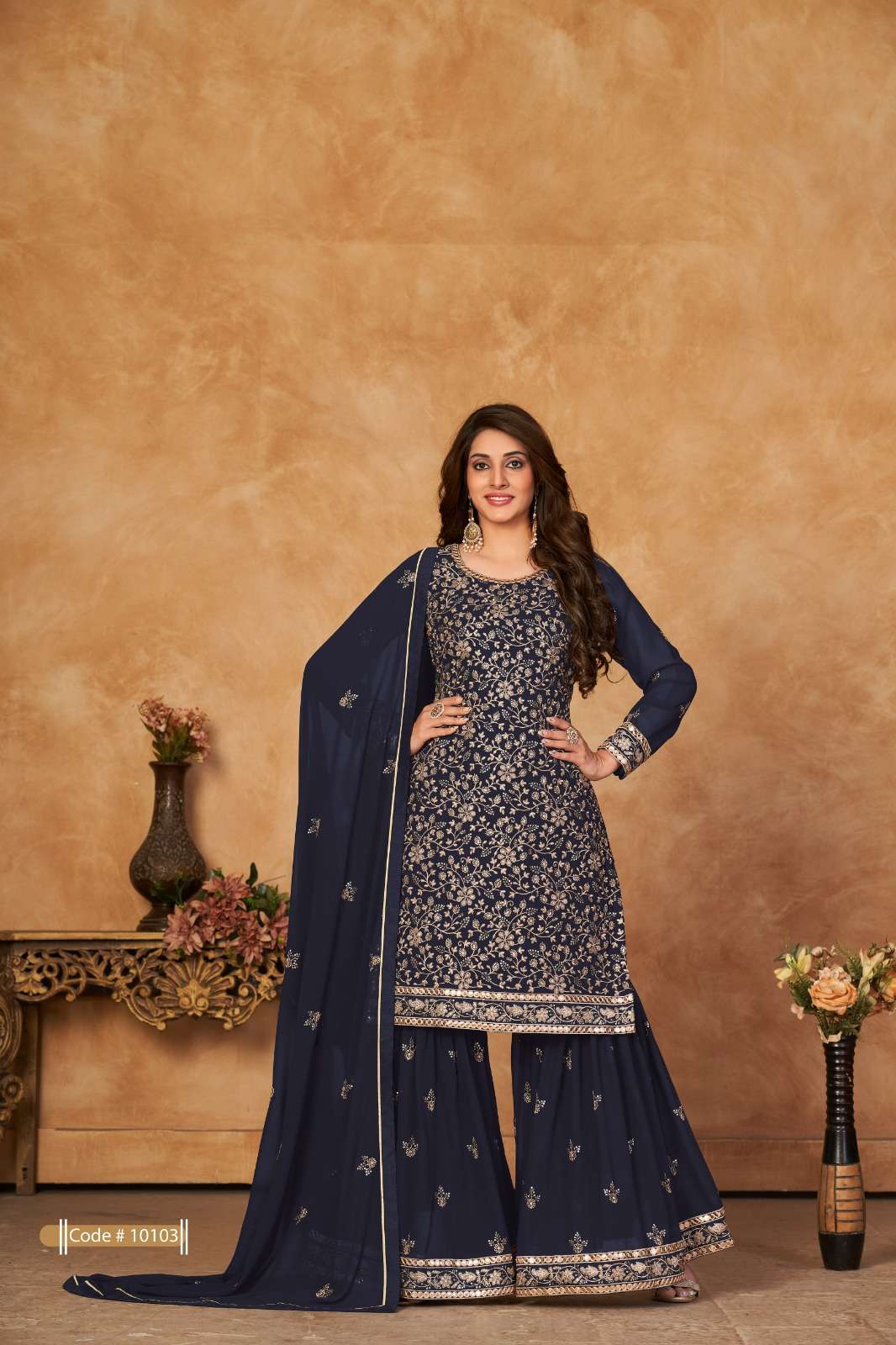 DESIGNER FANCY WEDDING PARTY WEAR FAUX GEORGETTE BLUE SHARARA SALWAR SUIT ANJUBAA 10103