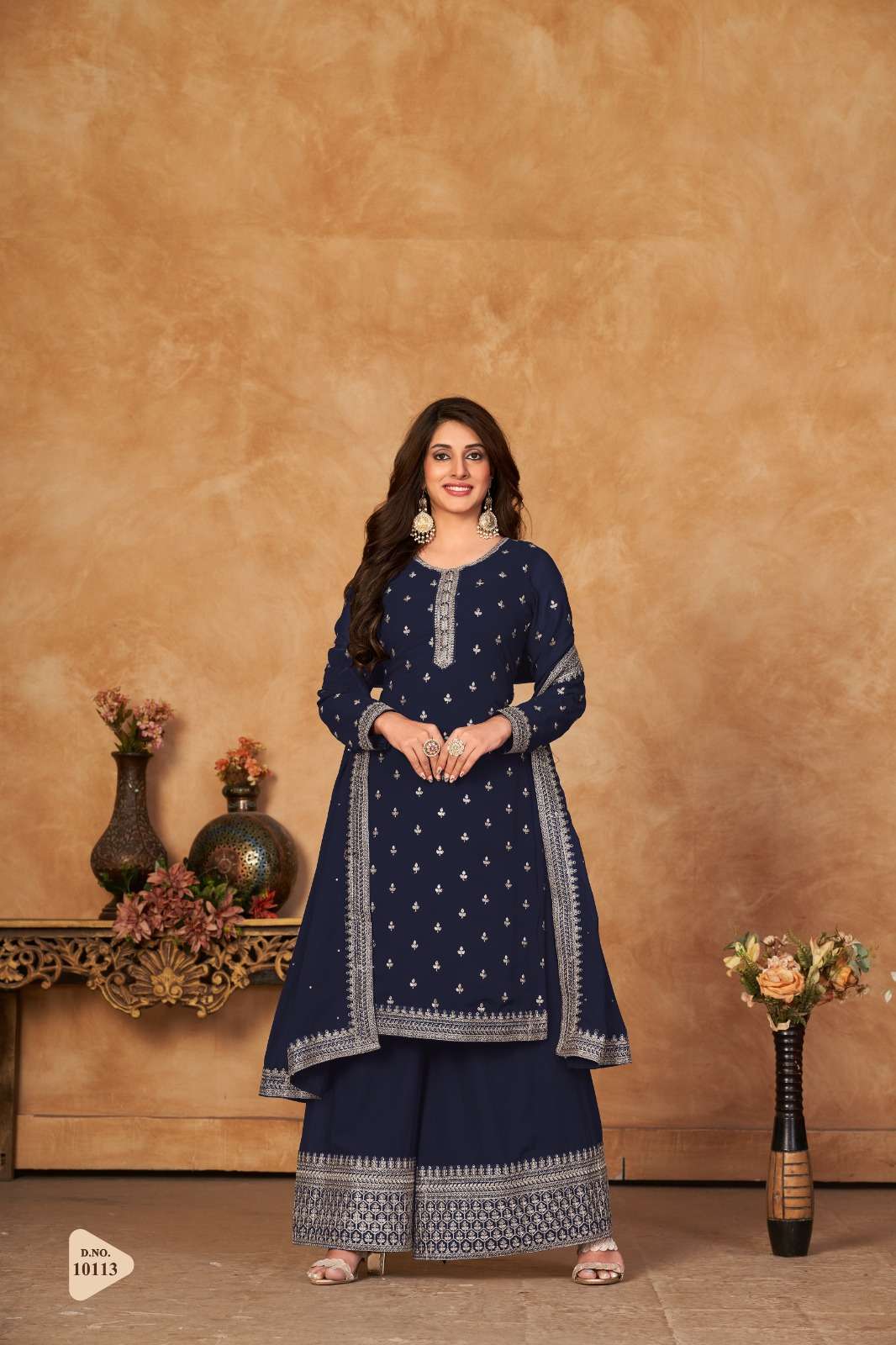 DESIGNER FANCY WEDDING PARTY WEAR FAUX GEORGETTE BLUE SHARARA SALWAR SUIT ANJUBAA 10113